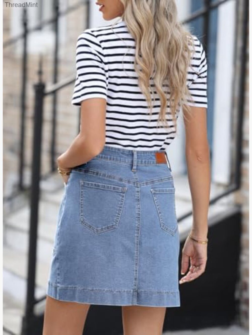 High Waisted Stretch Denim Skirt with Pockets - Picture 5 of 6